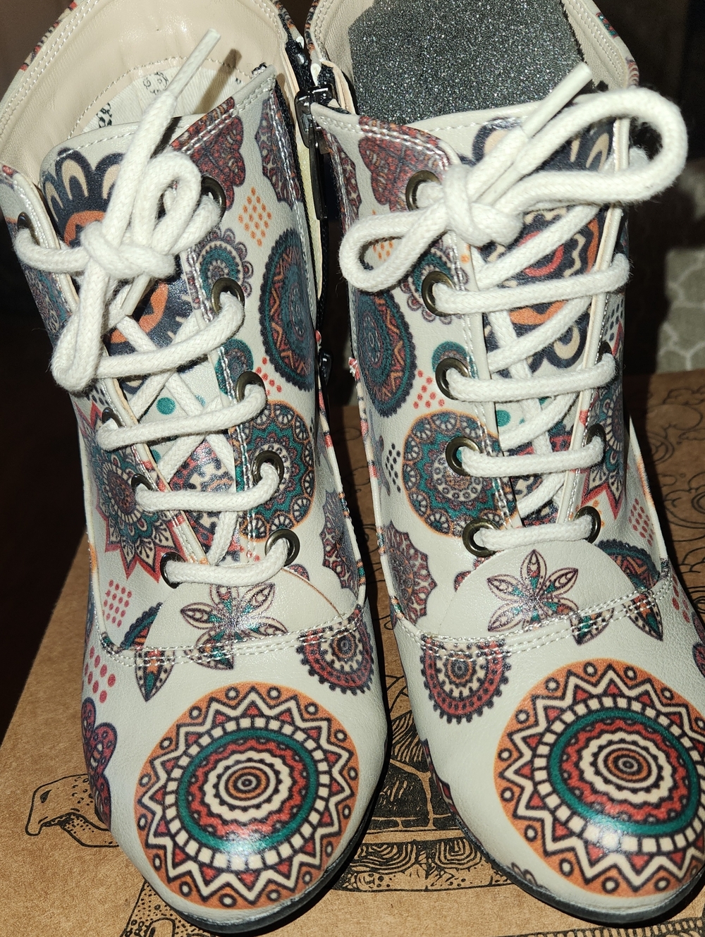 White Lace-Up Ankle Boots with Colorful Mandala Print